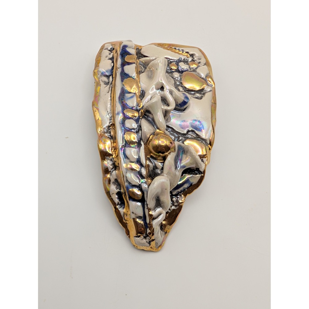 Vintage 80s Studio Ceramic‎ Brooch Iridescent Lustre Gold White Sculptural Art